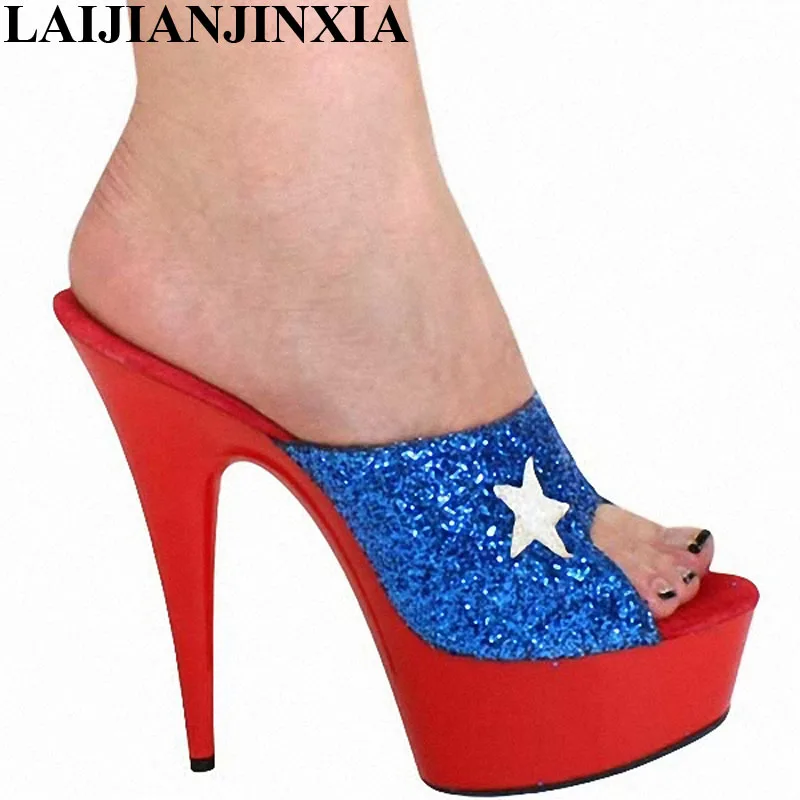 

LAIJIANJINXIA Sexy Women Dancing Shoes Nightclub Party 15cm High Heels Thick Platform Slippers Pole Dance Shoes H-102