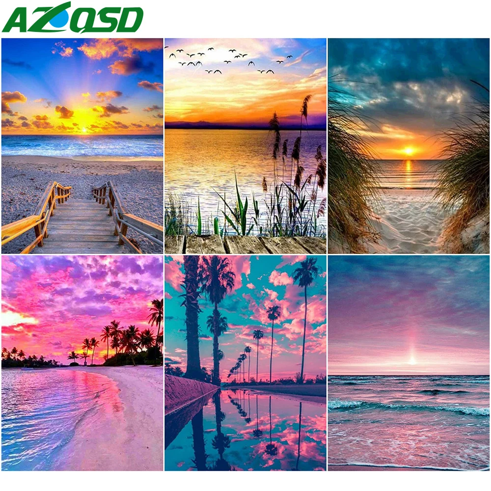 

AZQSD 5D алмазов Картина Закат Приморский мозаика домашное украшение ручной работы Алмазная вышивка продажи пейзаж подарок ручной работы