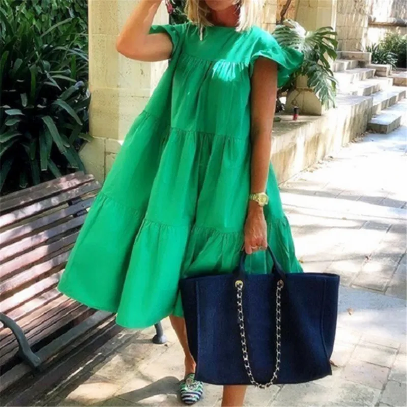 

Женское платье с воланом на рукавах, длинные плиссированные платья в богемном стиле, однотонные свободные летние платья зеленого и розовог...