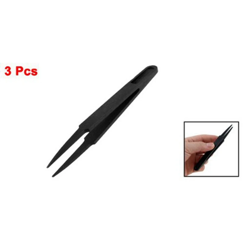 

6 Pcs Anti Static Black Plastic Tweezers Nipper, 3 Pcs Round & 3 Pcs Pointed