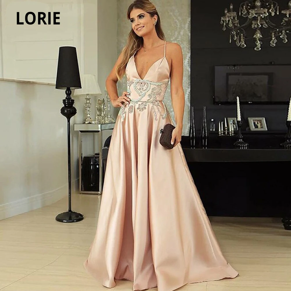 Lorie Vestidos de Fiesta de satén con cuentas para mujer, ropa Formal de noche sin mangas con cuello en V, sin espalda, color champán, 2020 (0)