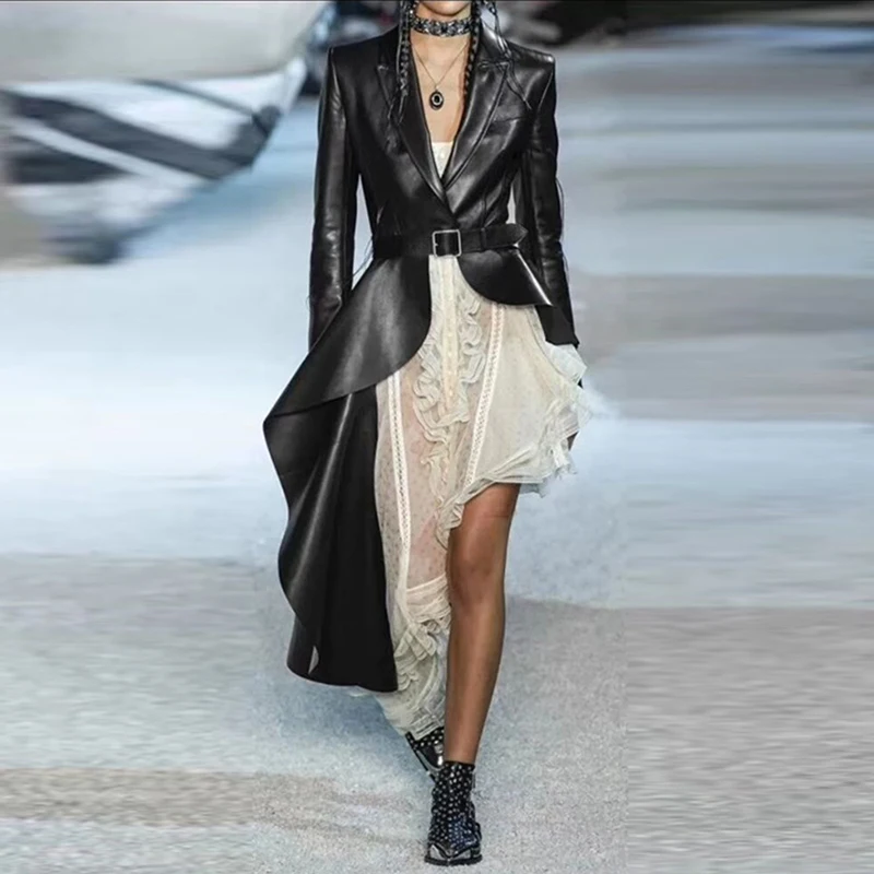 Женский плащ Тренч из искусственной кожи с длинным рукавом и поясом