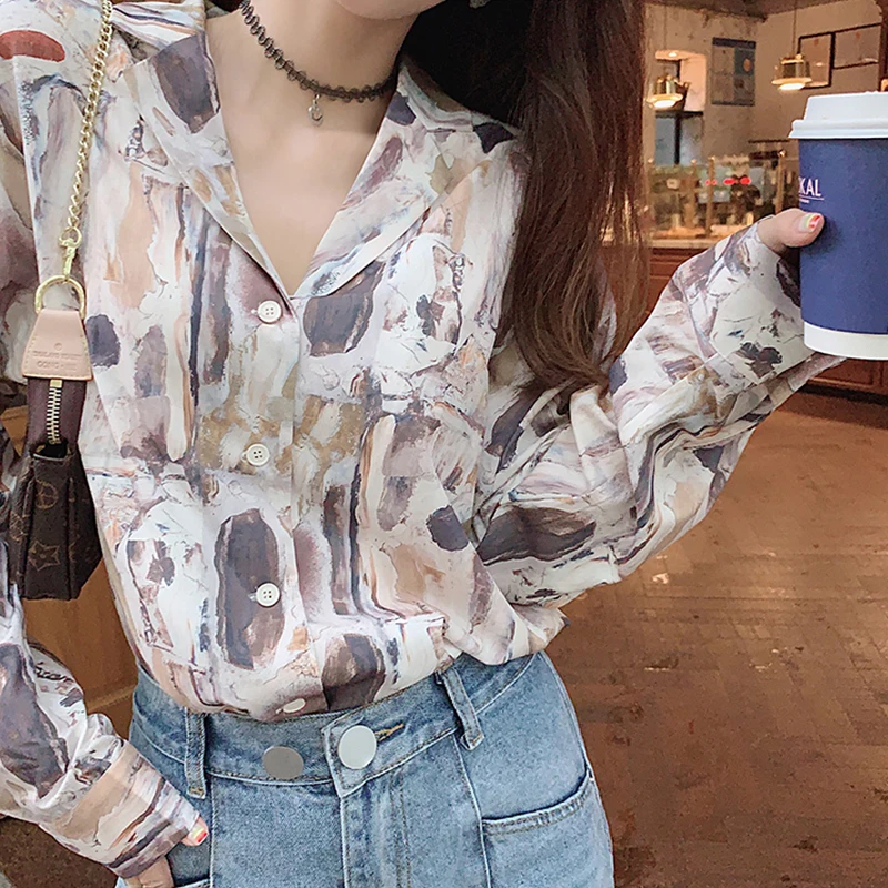 Блузка Женская Осенняя Винтажная с принтом и воротником-стойкой | одежда