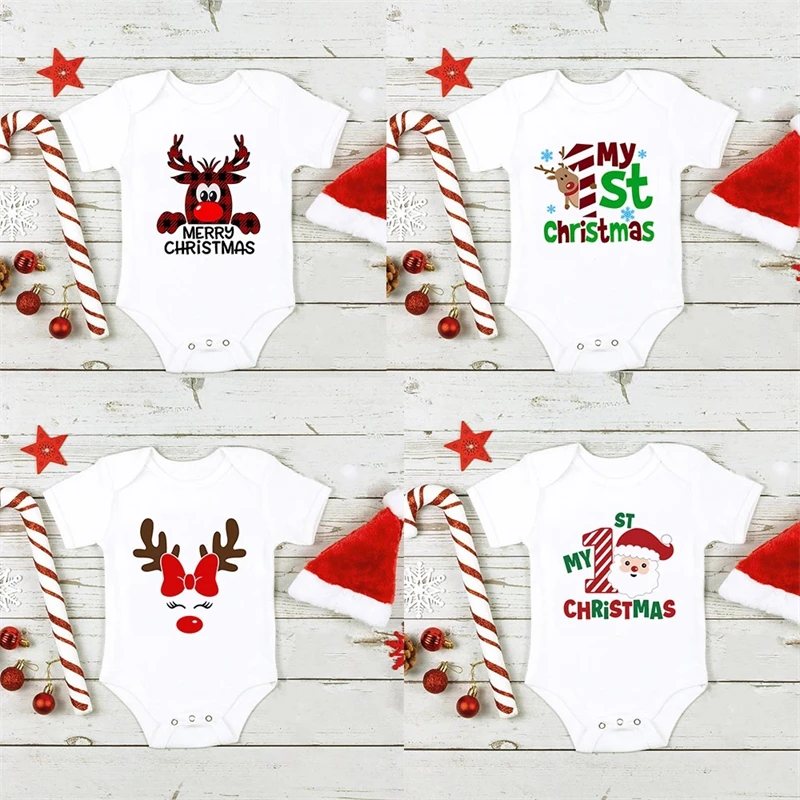 

It's My First Christmas Reindeer Print New Year's Baby Clothes Bodysuit Boys Girls Jumpsuit Infant Short Sleeve Playsuit Outfit