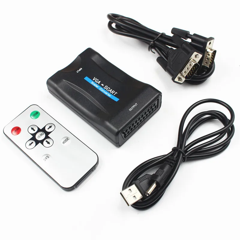 30 комплектов адаптер преобразователя видео и аудиосигнала 1080P VGA на SCART + пульт