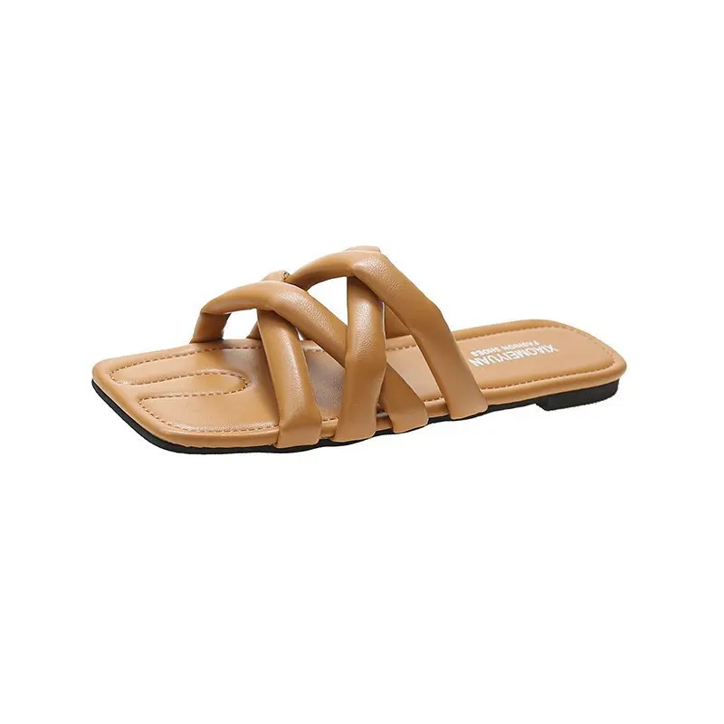 

2021 Cross Slippers Women Slip On Slides Fashion Square Toe Leather Flat Sandals Female Outdoor Casual Slippers Flip Flops A874