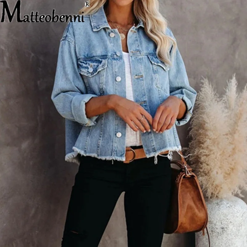 

2021 Spring And Autumn Women's Short Loose Jacket Denim Jacket Ladies Fashion Street Hipster Casual Long Sleeve Denim Jacket