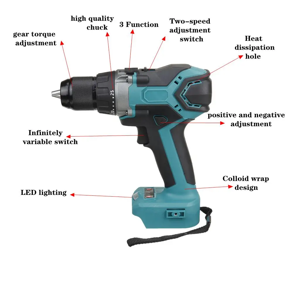 

BLMIATKO 18V 13mm 450Nm 3 in 1 Brushless Electric Drill Screwdriver 20+3 Torque Impact Drill DIY Power Tools for Makita Battery