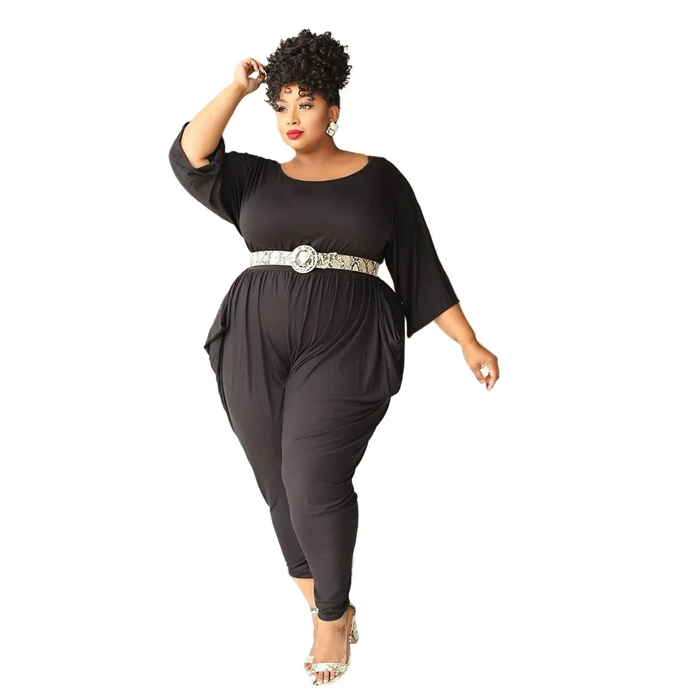 

Hot Selling Women Solid Color Big Size 2021 Newest Sexy Round Neck Half-Sleeve Loose Rompers Home Ladies Jumpsuits