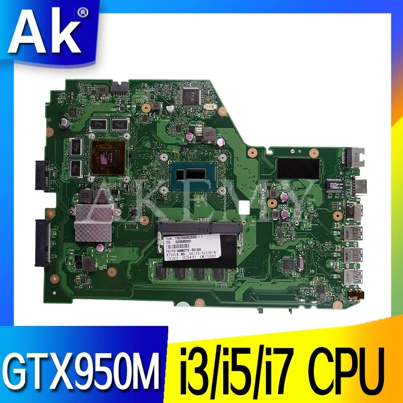 X751LX материнская плата для For Asus X751L K751L X751LK ноутбука GTX 950M|Материнские платы