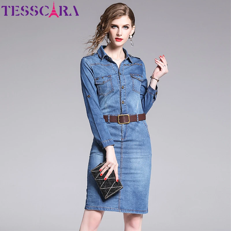 Женское джинсовое платье-карандаш TESSCARA повседневное винтажное платье-рубашка с