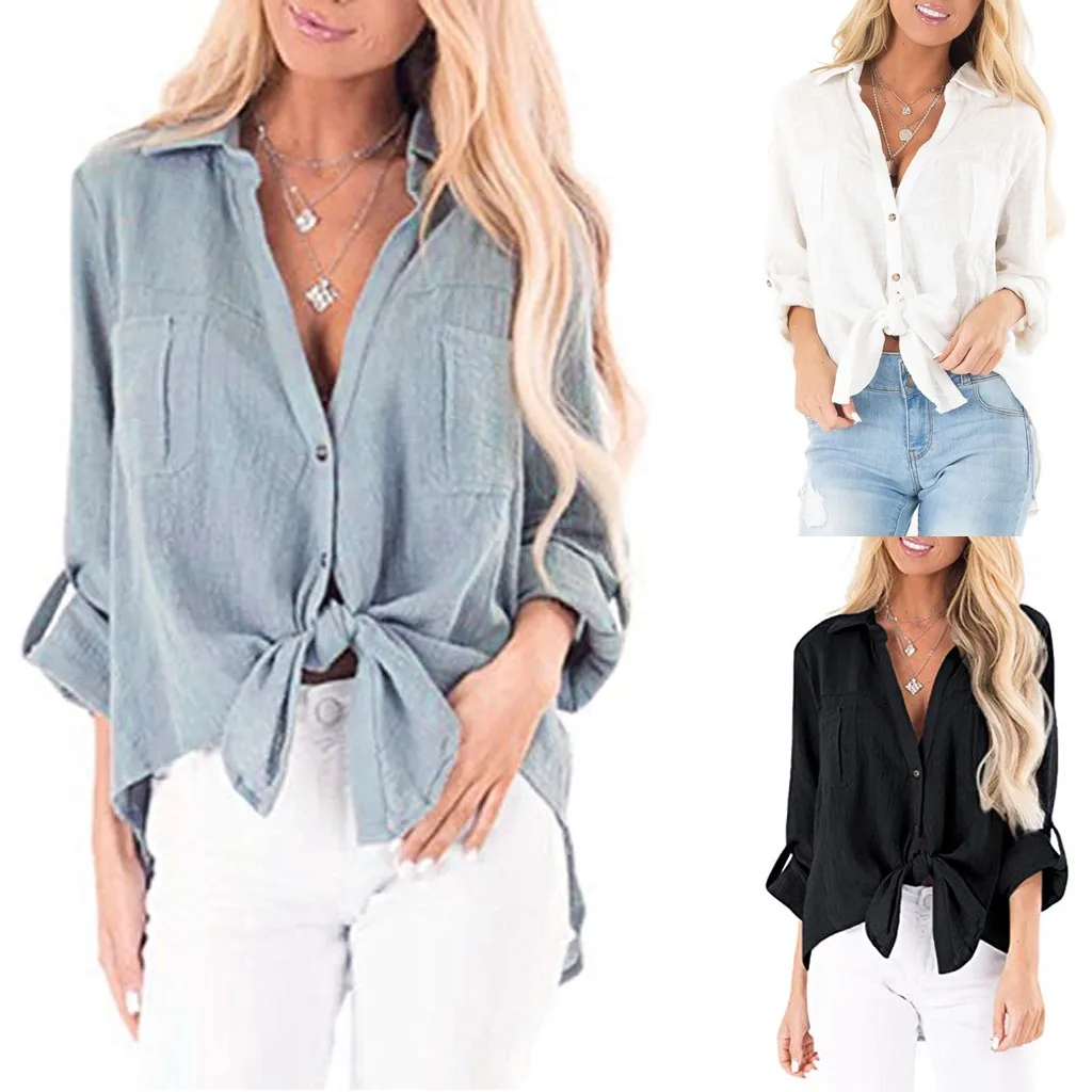 Женская Повседневная элегантная рубашка с длинным рукавом узел галстука на