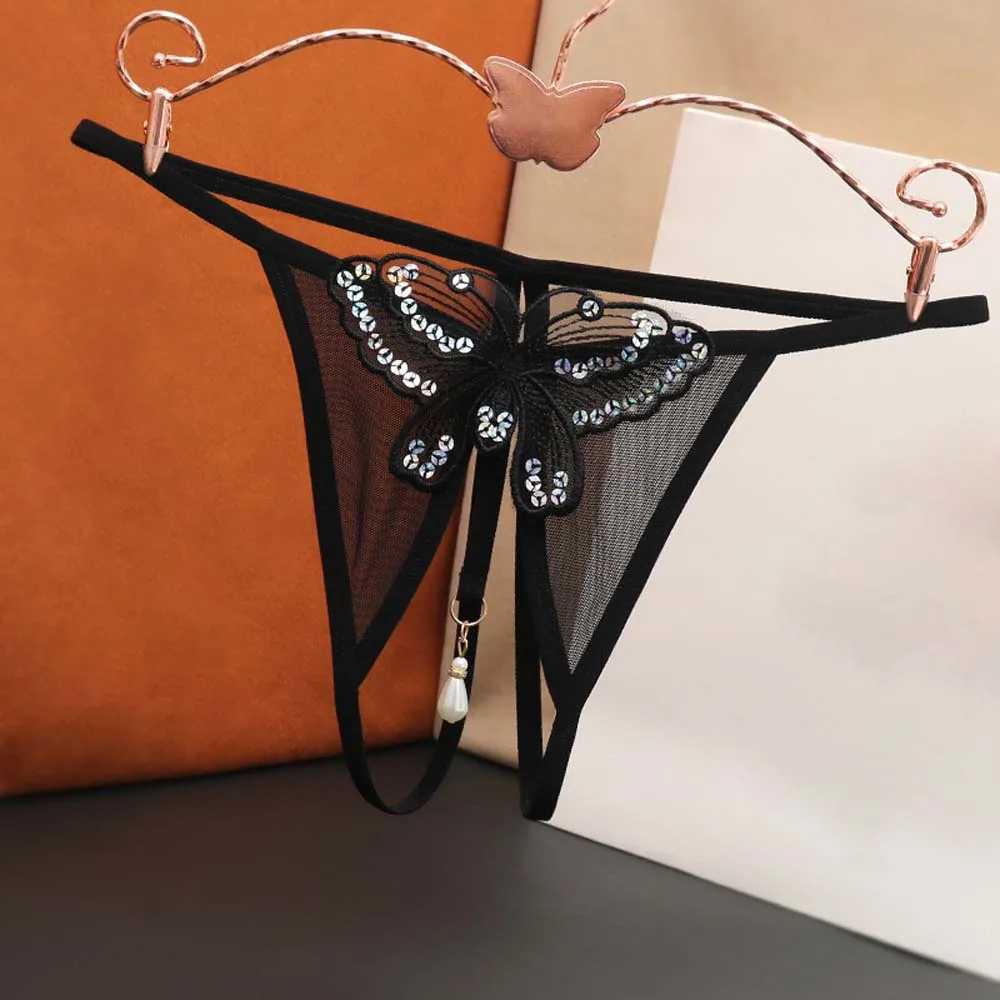 

Women Sexy Open Crotch Panties Underwear Ladies Sequin Embroidery Butterfly Transparent Low-rise Thong Briefs
