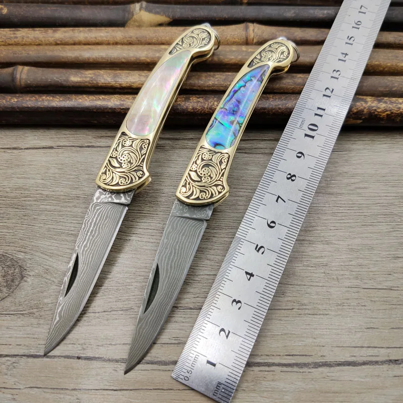 

Big Size Handmade Damascus Steel Blade Pocket Folding Knife Yellow Brass +Abalone Shell Handle Utility Knife