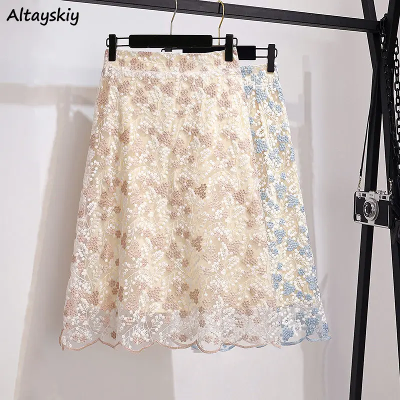 

Skirts Women S-3XL Embroidery Lace Zipper Feminine Elegant Lady High Waist A-line Korean Style Fashion Sweet Girl Ulzzang Female