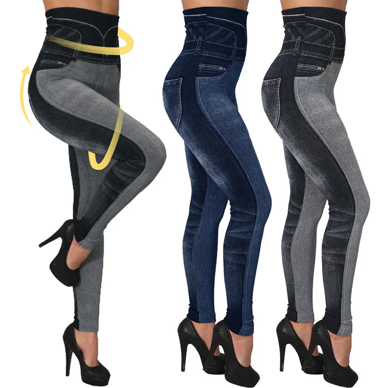 

New High Waist Jean Leggings Slim Elastic Seamless Pants Plus Size 3XL Skinny Pencil Pant Female Pocket Workout Running Leggings
