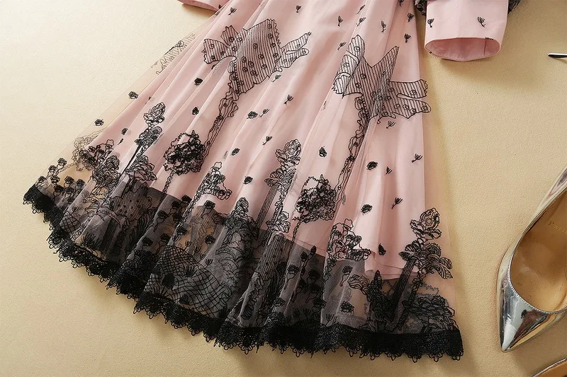 

European and American women's wear 2020 winter new style Lantern sleeve long sleeve collar Fashionable embroidered pink dress