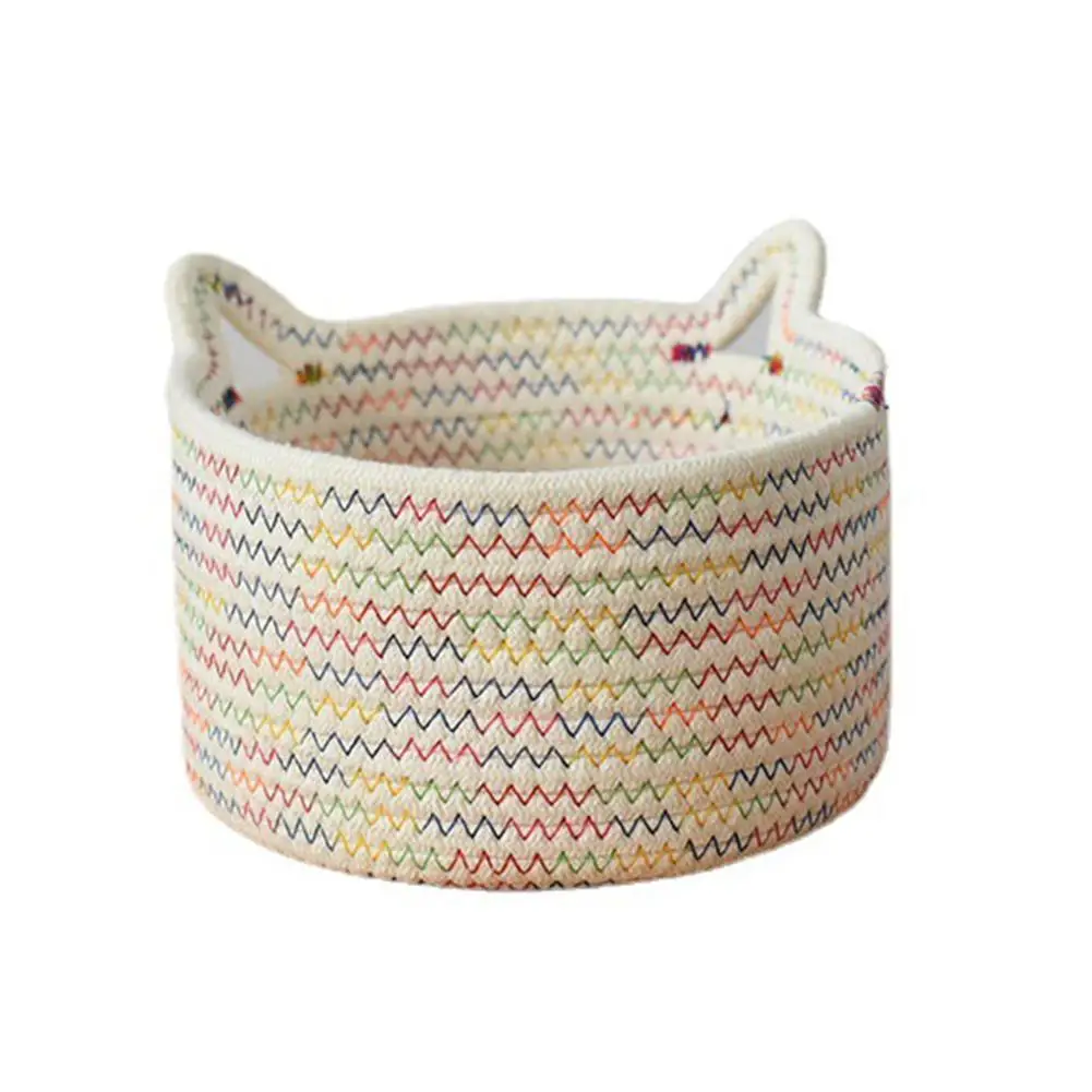 

Тканая коробка, Настольная корзина для хранения с кошачьими ушками, корзина для хранения ручной работы из хлопковой веревки, настольный орг...