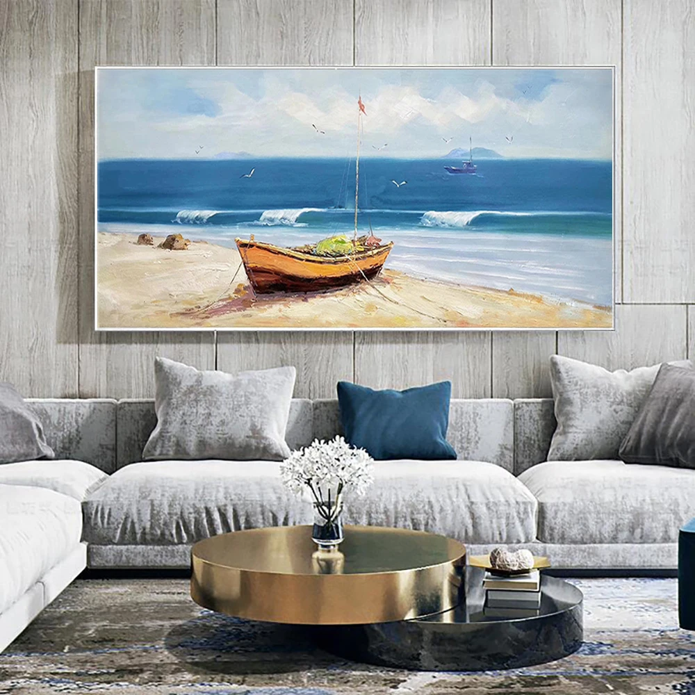 

Sea Sandy Beach Boat Handmade Oil Painting On Canvas Large Size Landscape Wall Art Picture Hand Painted Paintings For Interior