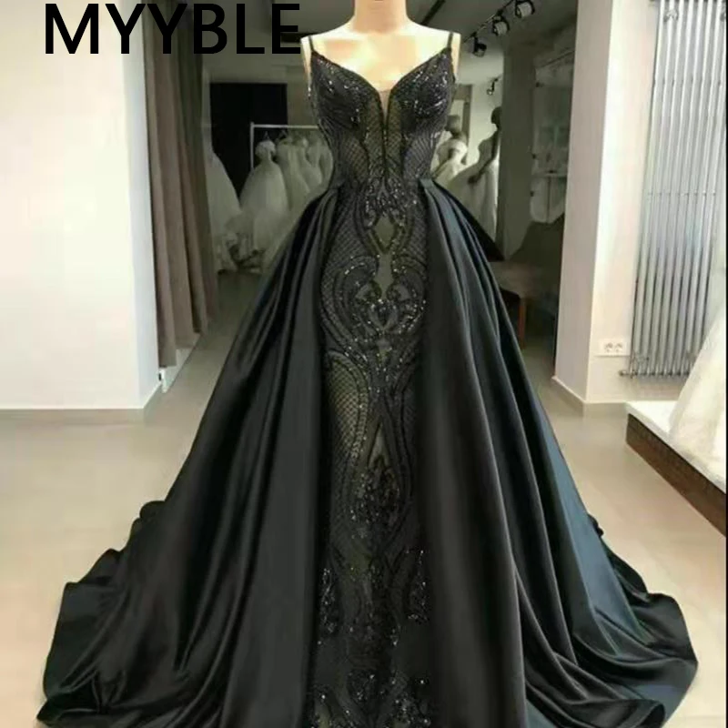 

Black Elegent Sequined Evening Dresses Long 2022 Mermaid with Detachable Skirt Saudi Arabic Women Formal Prom Dress Party Gowns