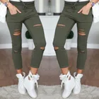 Женские узкие рваные джинсы в стиле милитари, брюки-карандаш стрейч из денима с высокой талией и прорезями, армейский зеленый цвет