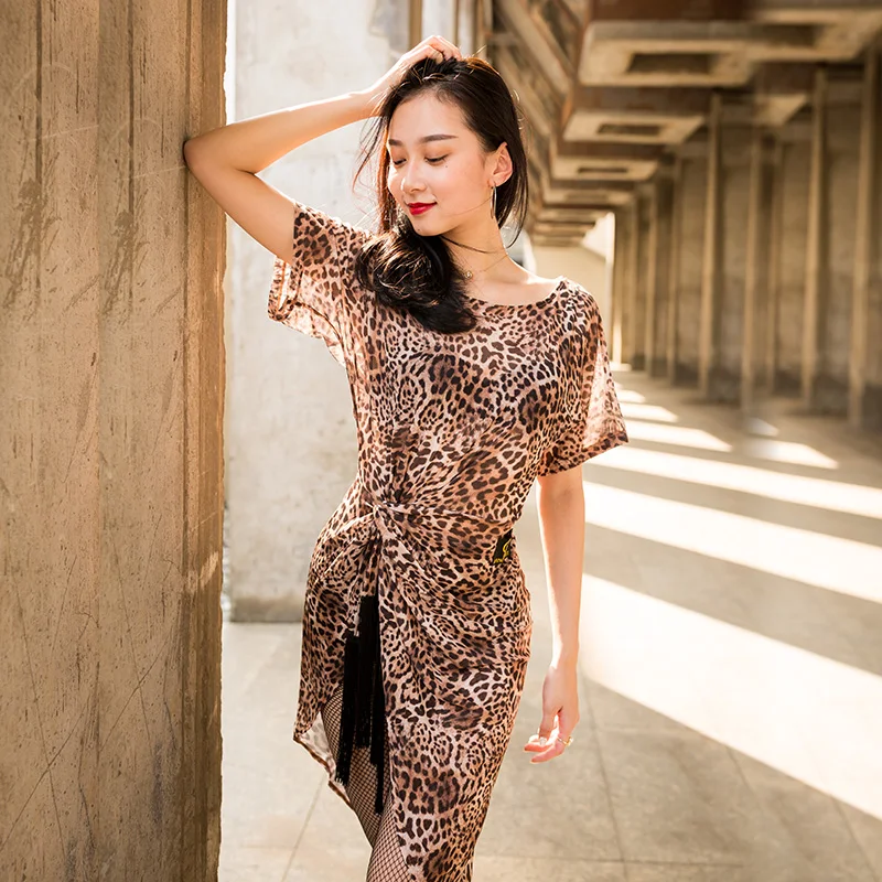 Женское платье для латинских танцев с леопардовым принтом танго сальса ча