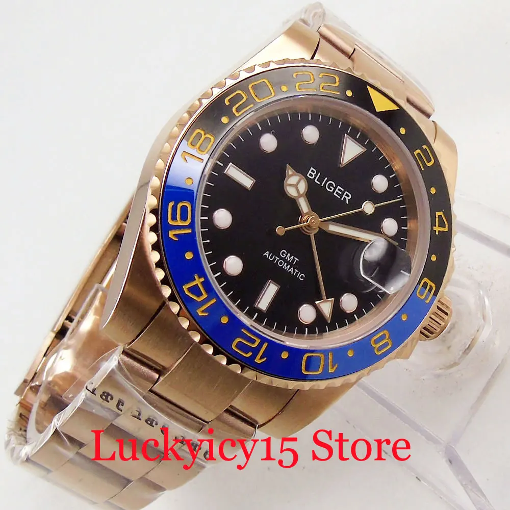 

Часы BLIGER Мужские автоматические, циферблат цвета розового золота с сапфировым стеклом, с Т-образной застежкой, вращающийся Безель