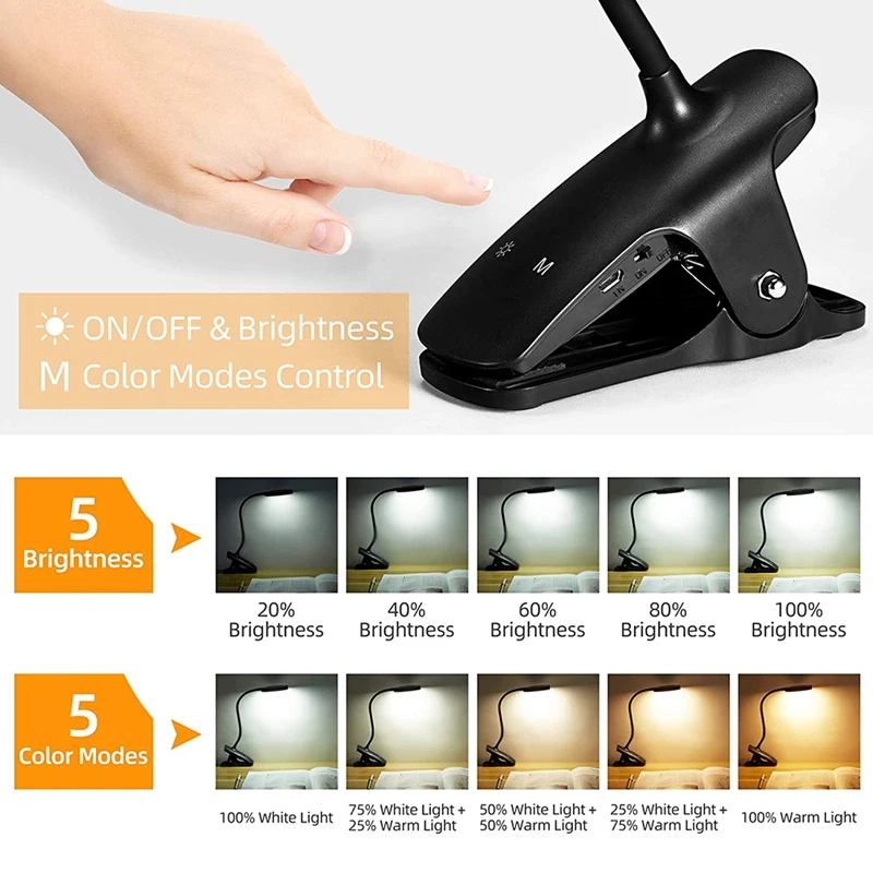 Reading Lamp Bed Clamp Light 36 LED USB Rechargeable Book with 5 Colour Temperature Touch-Control | Лампы и освещение