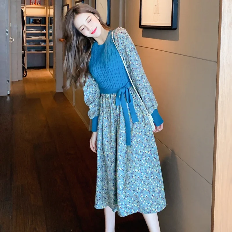 

Autumn and Winter Clothes Waist Closing French Temperament Medium Long Knitted Patchwork Floral Long Sleeve Dress Bottomed Skirt