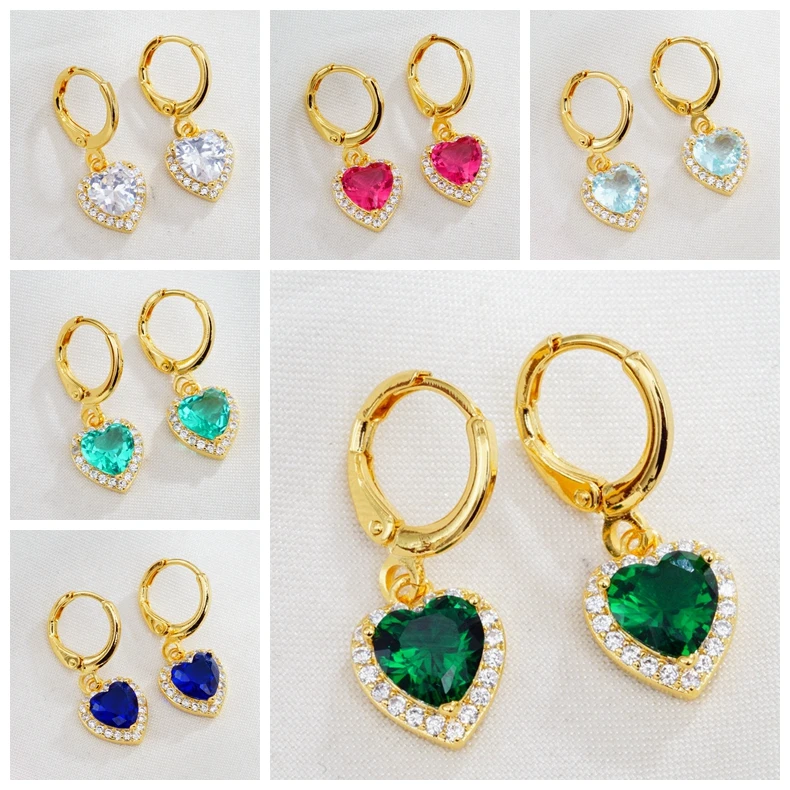 18 видов стилей серьги-подвески в форме сердца золотого цвета с фианитами