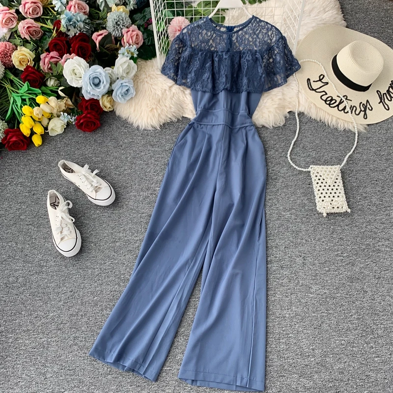 Новинка 2019 Модный женский комбинезон кружевной ажурный с цветочной вышивкой