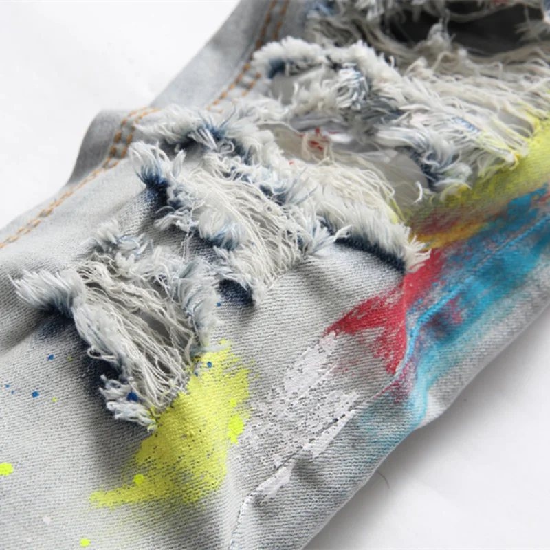 Korean Fashion Multicolour Graffiti Hip Hop Men Pencil Jeans Trousers Hole Ripped Slim Denim Pants For Nightclub Pantaloni Uomo