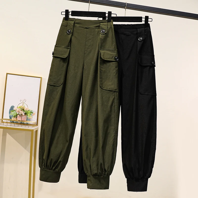 

Plus size High waist Women Trousers Streetwear 2021 Spring Autumn New All-match Overalls Army green Black Female Casual Pants