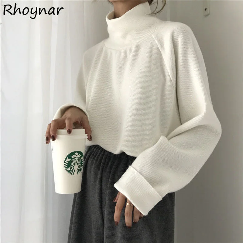 

Женский свитер с высоким воротником Ulzzang, однотонные свободные универсальные Дамские пуловеры с длинным рукавом, нежный шикарный пуловер в ...