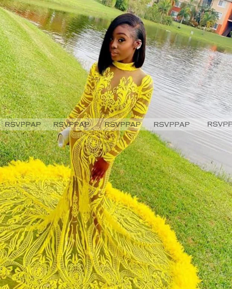 

Yellow Mermaid Long Prom Dresses 2022 Sexy See Through High Neck Glitter Sequin Feathers Long Sleeve Africa Girl Prom Gowns