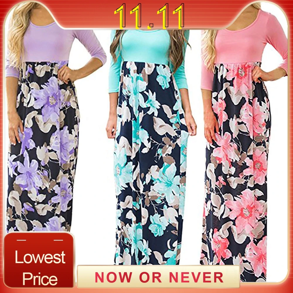 Женское платье макси с цветочным принтом рукав три четверти Повседневная Туника