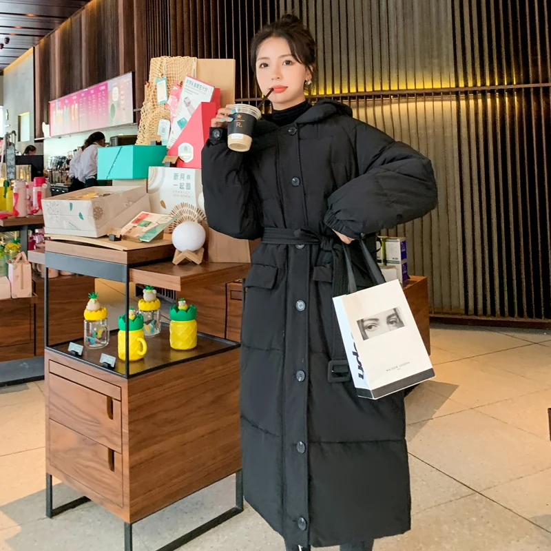 

2021 X-Long Winter Women Jacket Hooded Fashion Cotton Padded Woman Parkas with Belt High Quality Warm Winter Coat Women Outwear