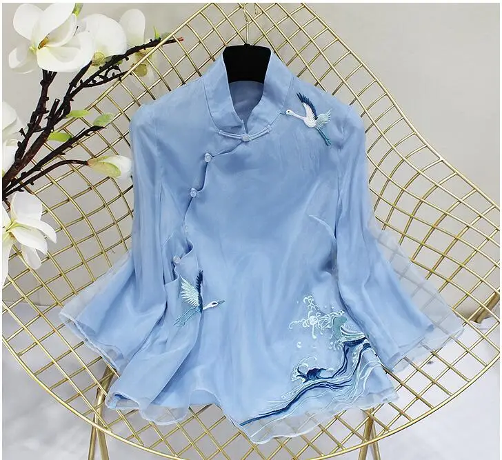 Китайская рубашка, традиционная китайская блузка, qipao Топ, шифон, длинный рукав, женские топы, чонсам, кружевная вышивка, блузка для девушек