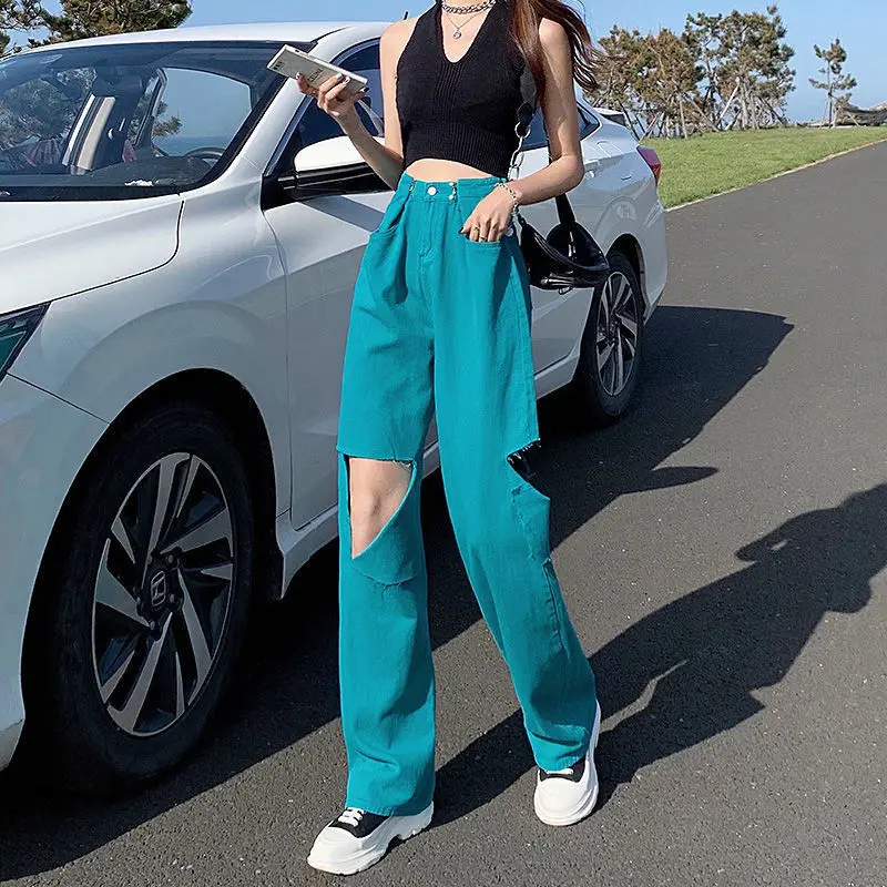 

Рваные джинсы с высокой талией в Корейском стиле, женские летние тонкие брюки с широкими штанинами в новом стиле, дизайнерские прямые брюки ...