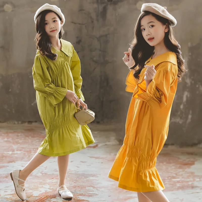 Green Yellow Asymmetrical Dresses For Teenage Girls Clothing Children Petal Sleeve Patchwork Dress Toddler Clothes 8 10 12 Years | Детская