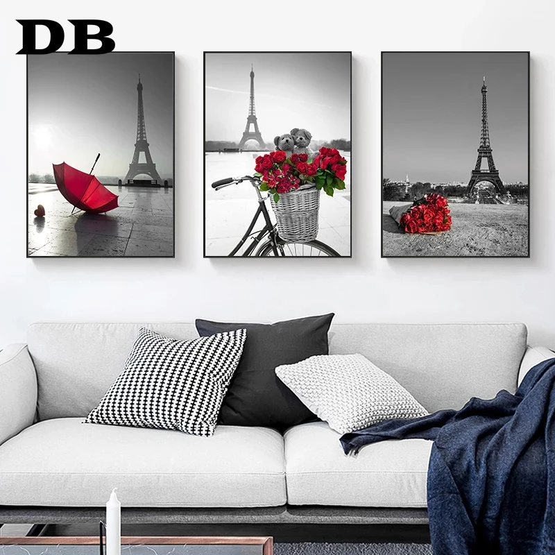 

Nordic Red Flower Rose Umbrella Canvas Painting Eiffel Tower Wall Art Posters And Prints Living Room Decoration Wall Frameless P
