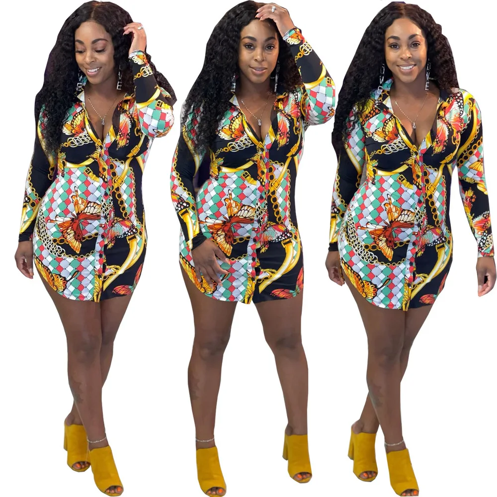 

Women Long Sleeve Chain Printed Button Down Shirt Dress Vintage Chic Mini Dress