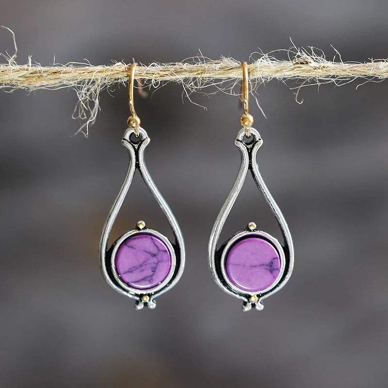 Women's Vintage Dangle Earrings, Purple Resin Stone Thai Silver, Water Drop Shape Jewelry image 3