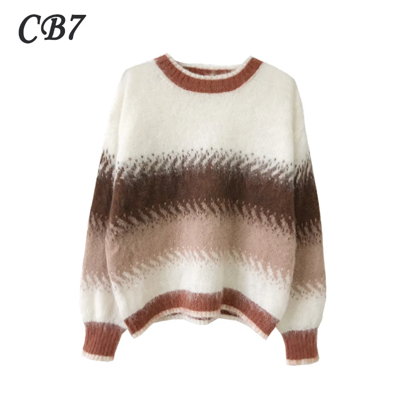 

Women Color Matching Striped Knitted Sweater 2021 Autumn Winter Korean Style Casual Long Sleeve Pullover female Crop Top