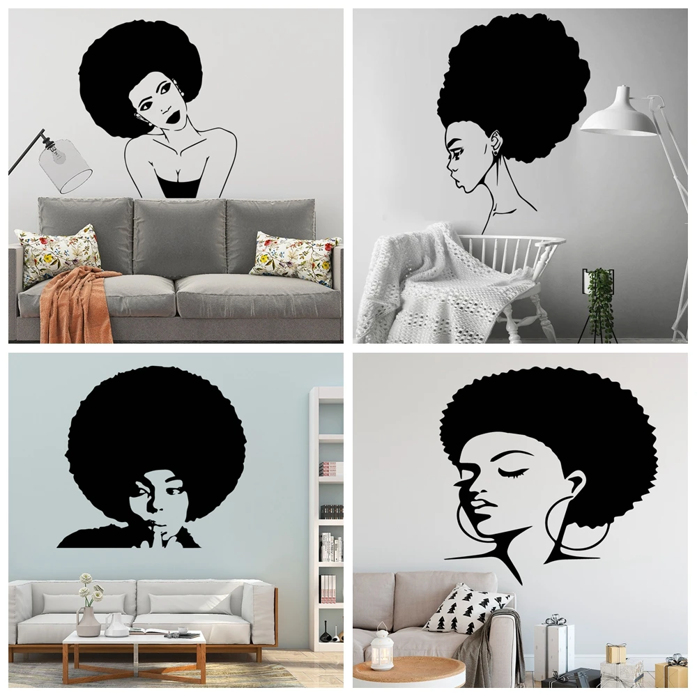 

Fashional Africa Woman Hair Salon Vinyl Wall Stickers For Salon Shop Living Room Bedroom Decoration Nordic Style Decoration