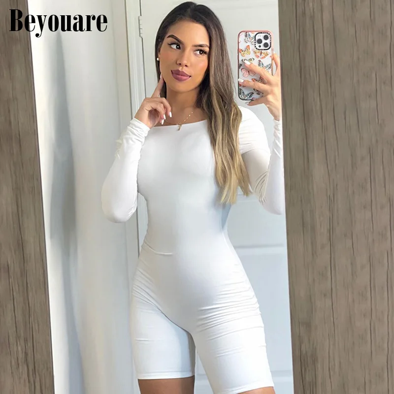 

Beyouare Sexy Beautiful Backless Women Playsuit O Neck Long Sleeve Skinny Stretchy Fashion Shorts Slim Sporty Workout Playsuits