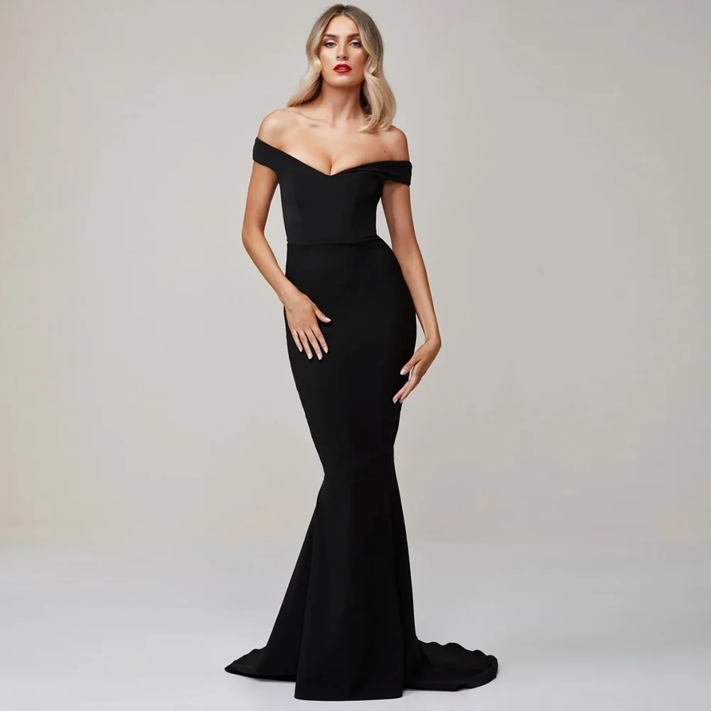 

Black Off The Shoulder Formal Dress Party Evening Elegant Long Red Stretchy Low Cut Padded Mermaid Wedding Backless Ball Gown