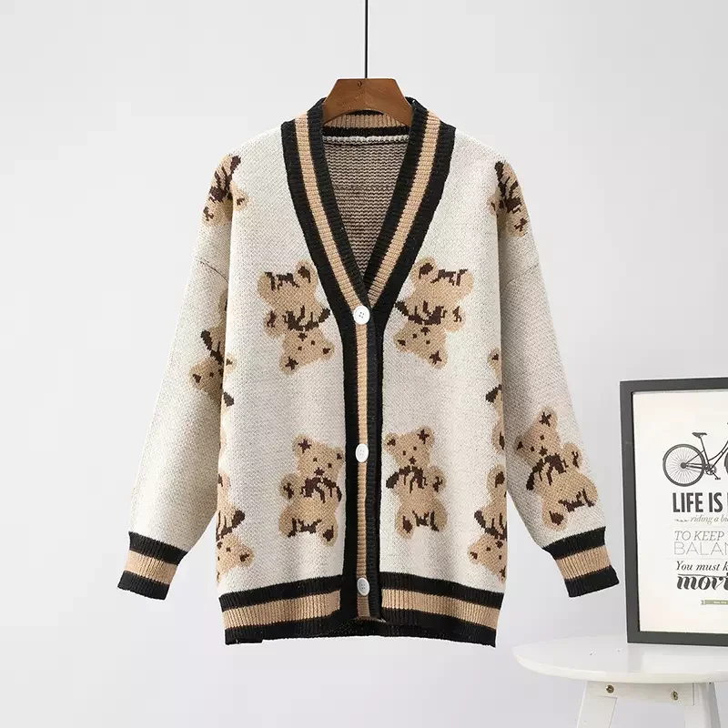 

Street wear Cartoon Bear Printted Cardigan V-neck Oversized Loose Knitted Coats Women Korean Long Sleeve Sweater Jackets Tops