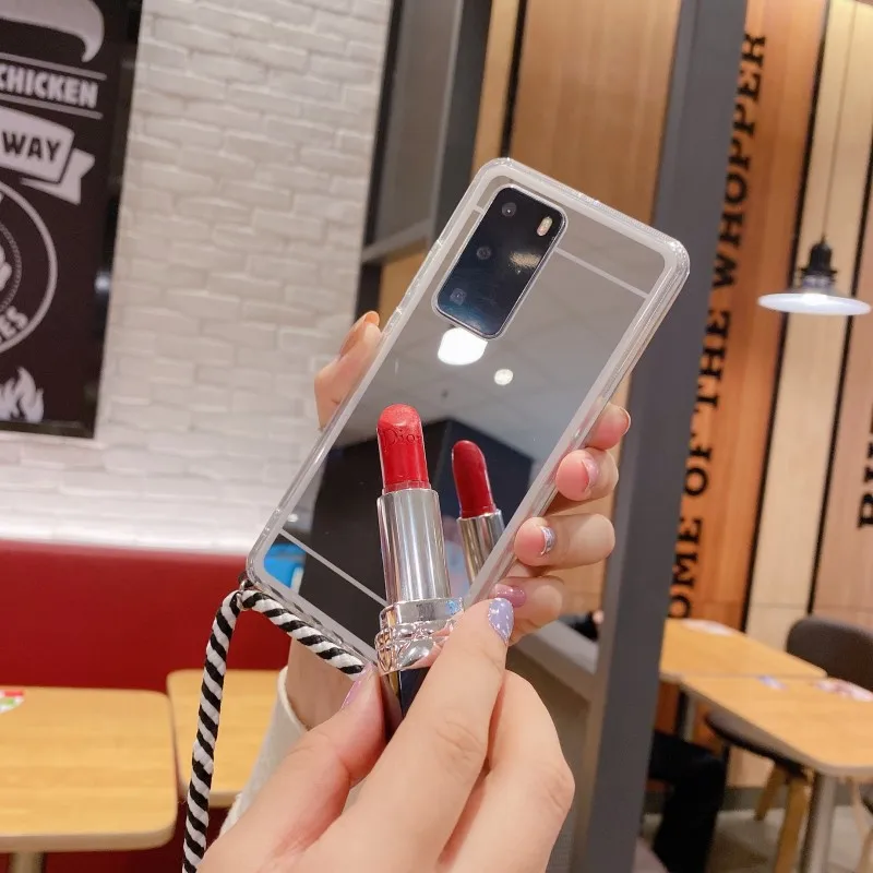Strap Mirror Case For Samsung Galaxy S21 Plus S20 FE Note 20 Ultra M51 A51 A71 A31 Crossbody Lanyard Necklace Shockproof Cover
