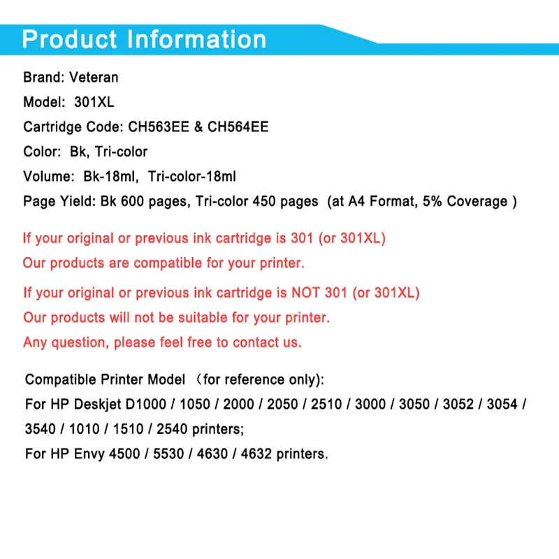 Картридж чернильный Veteran 301XL для принтера HP 301 XL Deskjet 2050 1000 1050 2510 3054 Envy 4500 4502 4504 5530 |